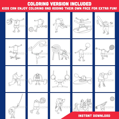 Kid Sports Body Clipart Templates – Add Your Face to 20 Fun and Active Sports Designs! Light + Dark Skin Tones, PDF + PNG + Coloring Pages Instant Download