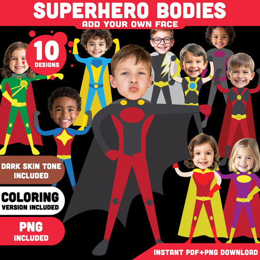 Superhero Bodies, Add Your Own Face Craft Templates, Student Display Craft, Black White Coloring Sheets