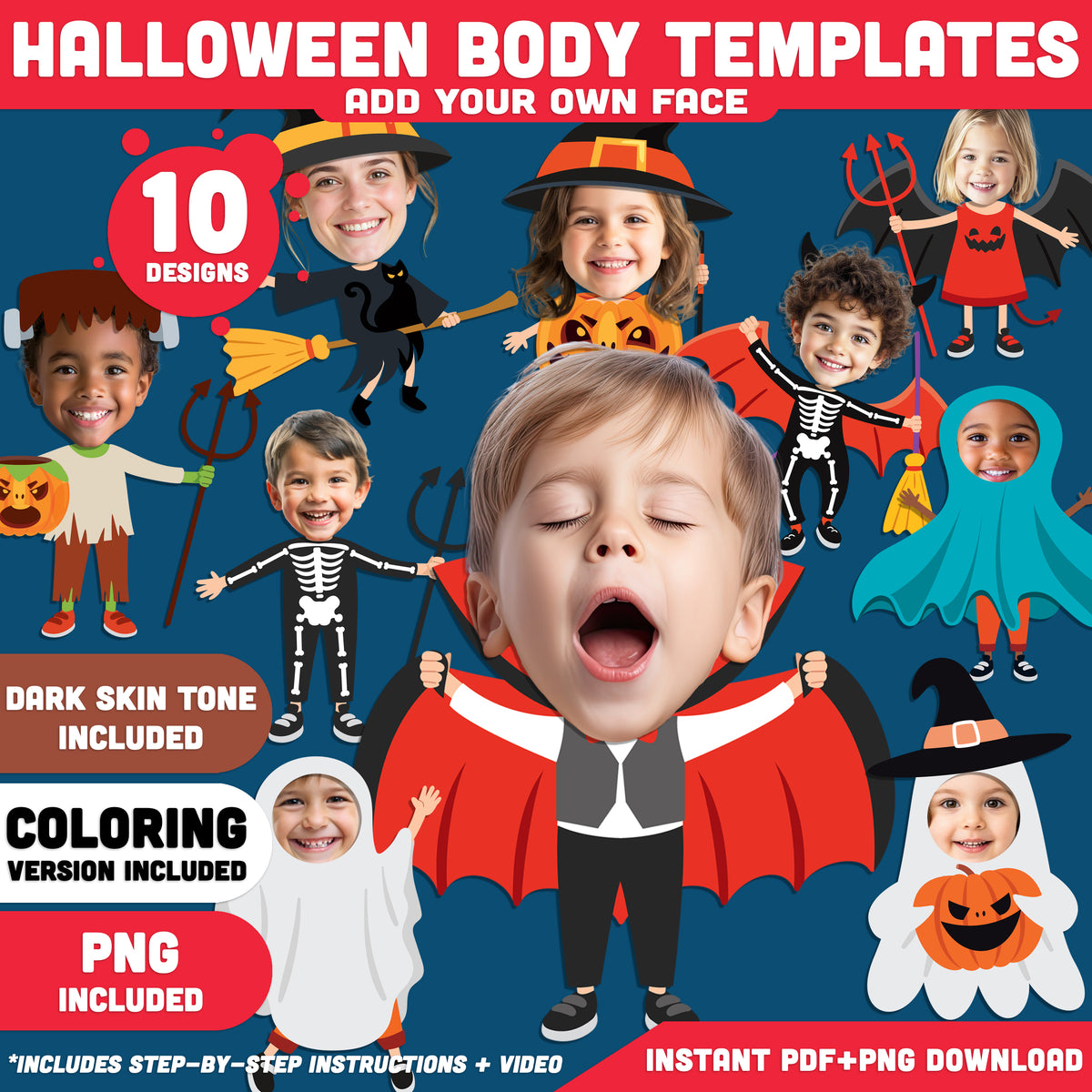 Halloween Body Templates, Face-Inspired Paper Craft, Fall Season Activity, 10 Designs, Light & Dark Skin, High-Resolution PDF + PNG, Coloring Included