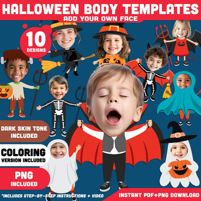 Halloween Body Templates, Face-Inspired Paper Craft, Fall Season Activity, 10 Designs, Light & Dark Skin, High-Resolution PDF + PNG, Coloring Included