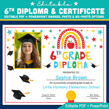 Editable 6th Graduation Diploma & Certificate Set, Rainbow Stars Graduation Awards, Photo or No-Photo Options, Edit in PDF, PowerPoint, Canva