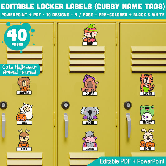 Editable Locker Labels (Cubby Name Tags), Cute Halloween Animal Themed, 10 Designs, PDF + PowerPoint, Printable Classroom Organization, Fall Season