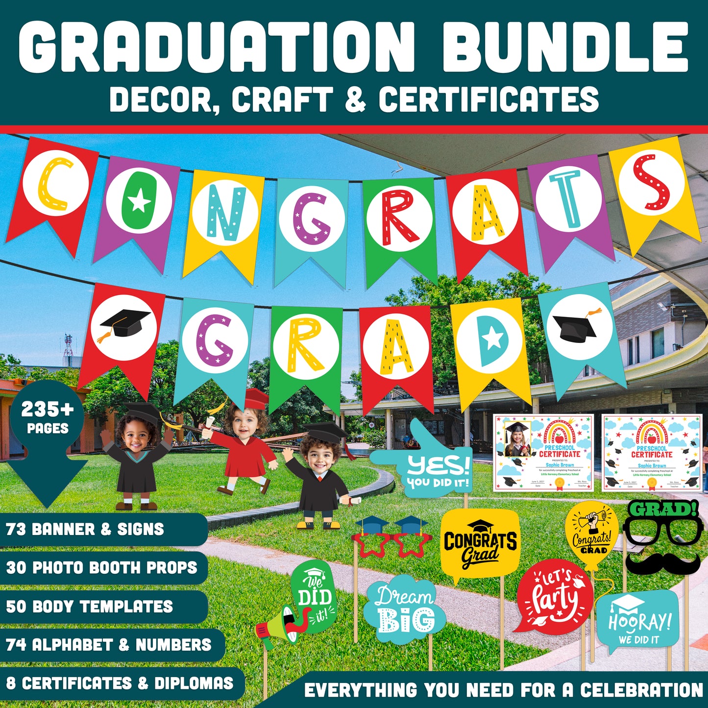 Graduation Party Bundle Printable, Banner Decor, Add Your Own Face Craft, Editable Certificates Any Grade, 235+ Pages, 8.5x11 Set