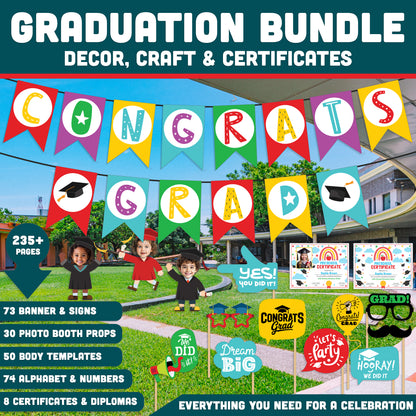 Graduation Party Bundle Printable, Banner Decor, Add Your Own Face Craft, Editable Certificates Any Grade, 235+ Pages, 8.5x11 Set