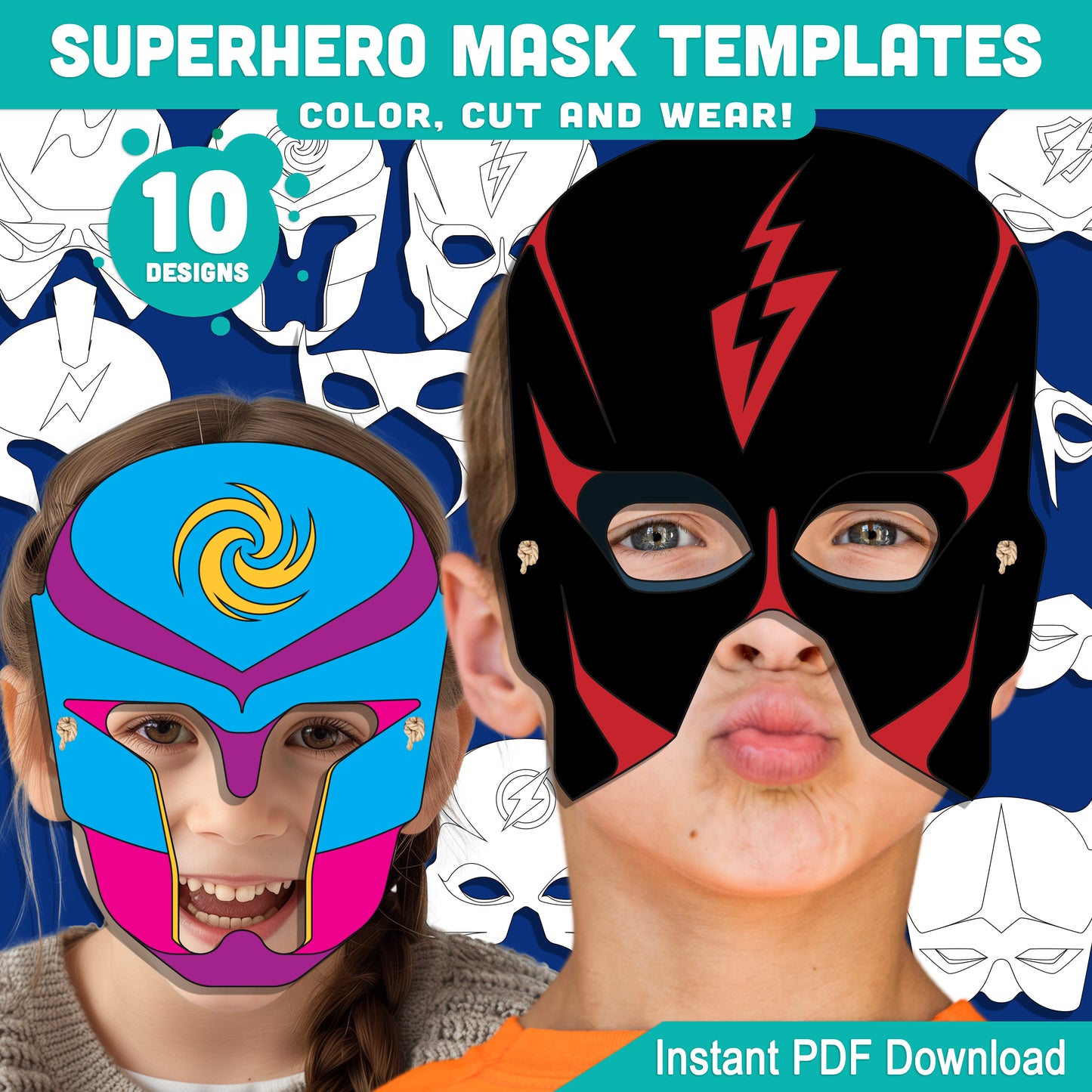 Superhero Mask Templates, Color Your Own Printable Masks, Cut & Wear Activity, Printable Wearable Masks, Instant PDF, US Letter, A4