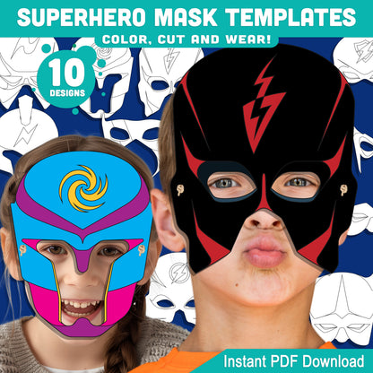 Superhero Mask Templates, Color Your Own Printable Masks, Cut & Wear Activity, Printable Wearable Masks, Instant PDF, US Letter, A4