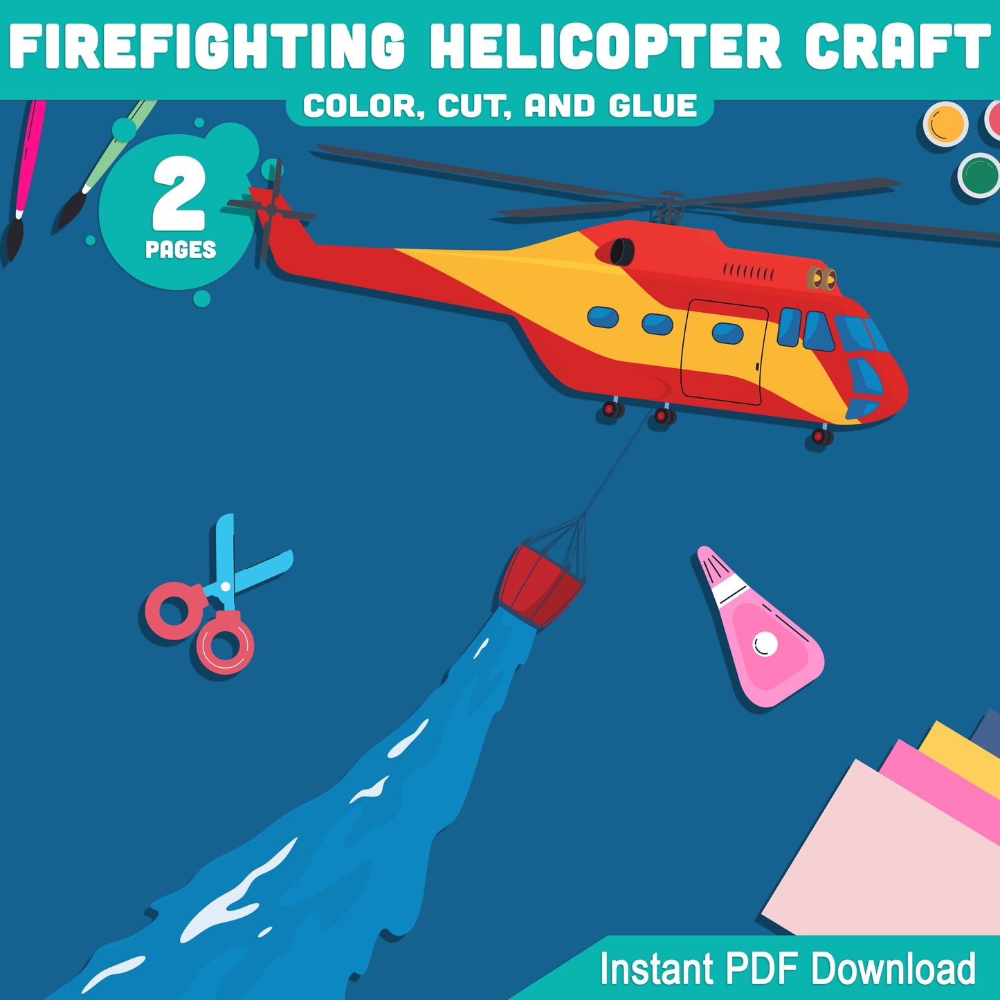 Firefighting Helicopter Craft: Interactive Color, Cut, and Glue Project for Kids, Perfect for School Art Activities and Imaginative Play, PDF Instant Download