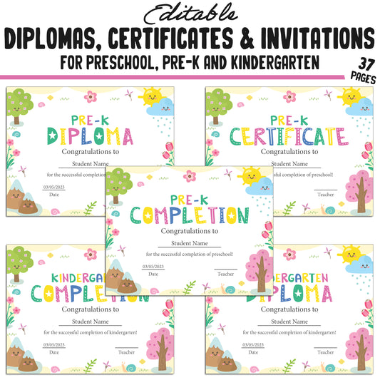 37 Editable Pre-K Certificates, Lovely Nature Themed, Kindergarten, Preschool Diplomas, Certificates, Invitation Templates, Instant Download