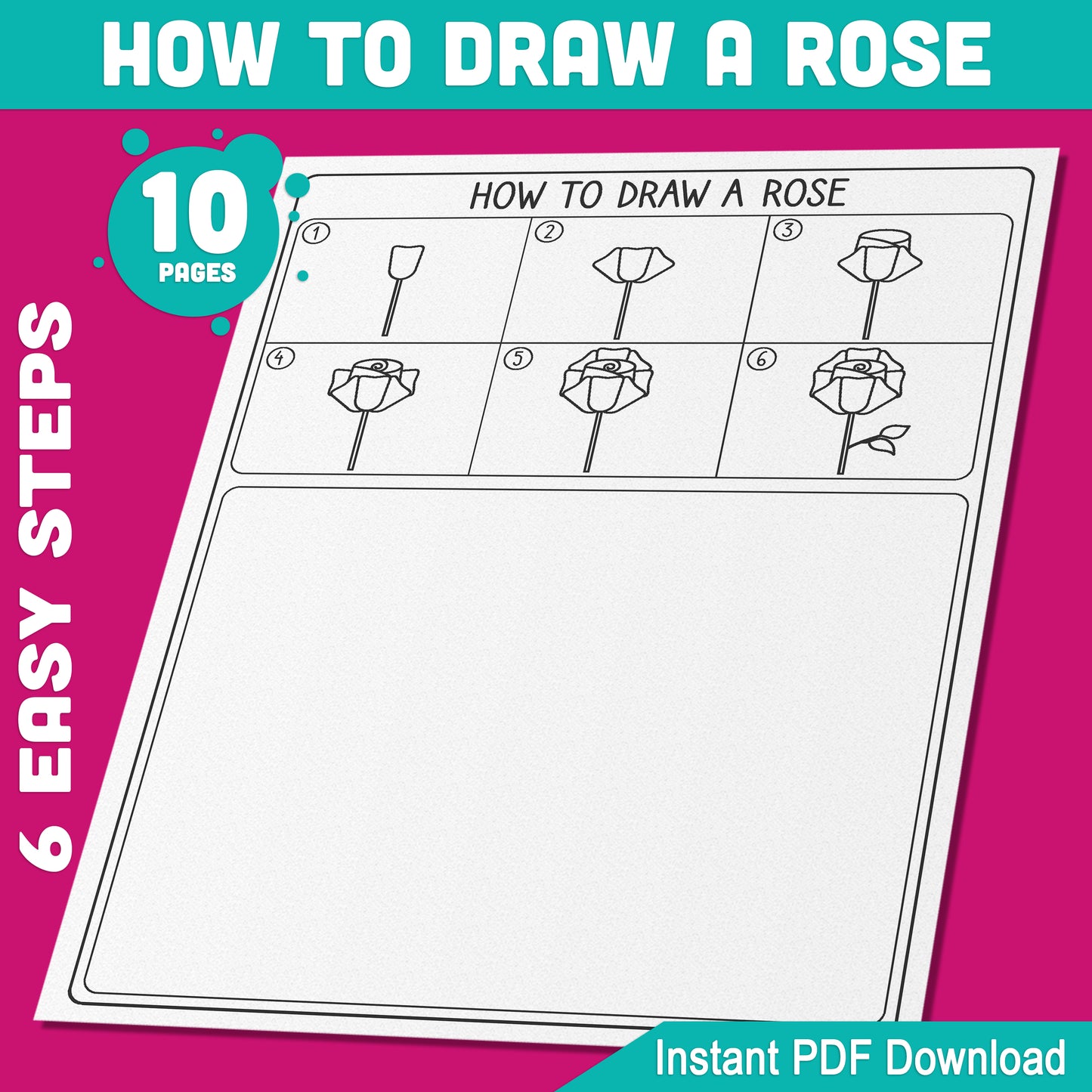 Learn to Draw Roses: 5 Step-by-Step Tutorials and 5 Coloring Pages, Easy Art Activity for Kids, Perfect for Budding Artists, Instant PDF Download