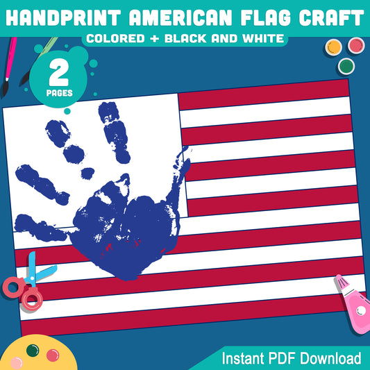USA Handprint Flag Craft for Kids: Fun 4th of July Art Activity, 2 Printable Sheets in Color & Black and White, PDF Instant Download