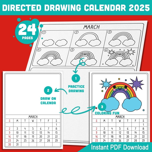 How to Draw Calendar 2025: 12 Months of Directed Drawing Fun, Perfect Christmas Gift for Parents & Kids, Printable PDF Download