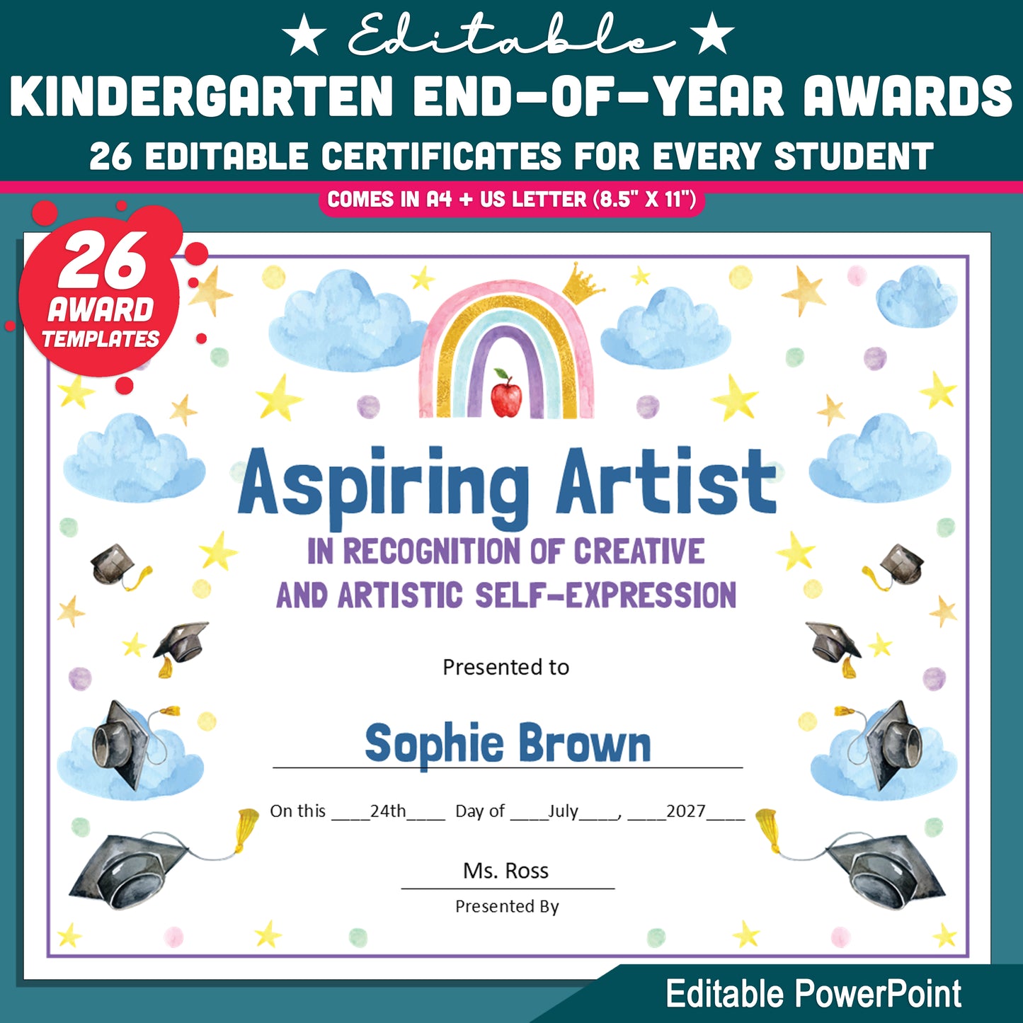 Kindergarten End-of-Year Awards, Personalized Recognition Set, 26 Customizable Diplomas and Certificates, PowerPoint, Printable