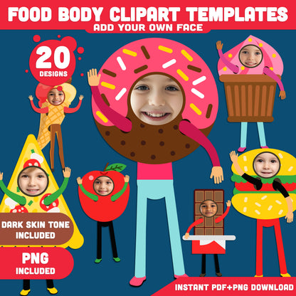 DIY Food Body Clipart Templates – Fun Printable Cutouts! Add Your Own Face for a Creative Bulletin Board or Classroom Activity, Light + Dark Skin Tone, PDF + PNG Download