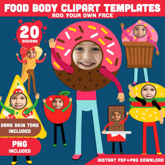 DIY Food Body Clipart Templates – Fun Printable Cutouts! Add Your Own Face for a Creative Bulletin Board or Classroom Activity, Light + Dark Skin Tone, PDF + PNG Download