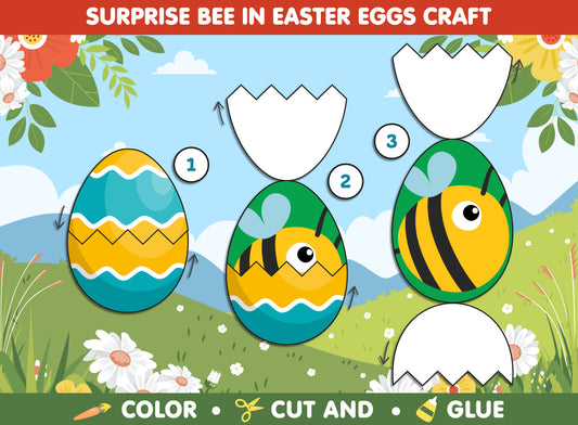 Surprise Bee in Easter Eggs Craft Activity for Kids! Color, Cut, & Glue - Available in Color and Coloring Versions, Instant PDF Download