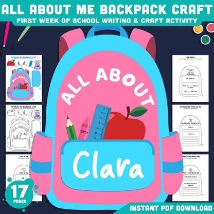 All About Me Backpack Template, Back to School Memory Book, Student Introduction Activity, First Week Printable, 17 Pages