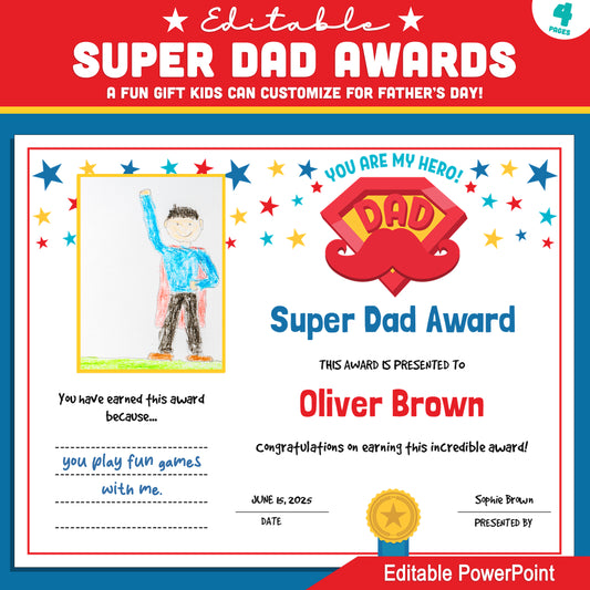Super Dad Award Certificates: Editable Father’s Day Gift for Kids to Customize, Pre-Colored + B&W Versions Included – Fun Printable Template