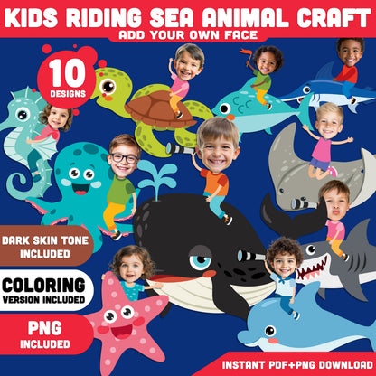 Kids Riding Sea Animal Craft, Add Your Own Face Printable, Sea Creature Rider Template, Fun Classroom Craft, Coloring Version