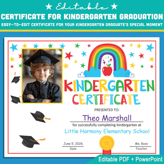 Customizable Kindergarten Graduation Certificate with Photo: Editable Letter Size PDF + PowerPoint for Memorable End of Year Ceremonies