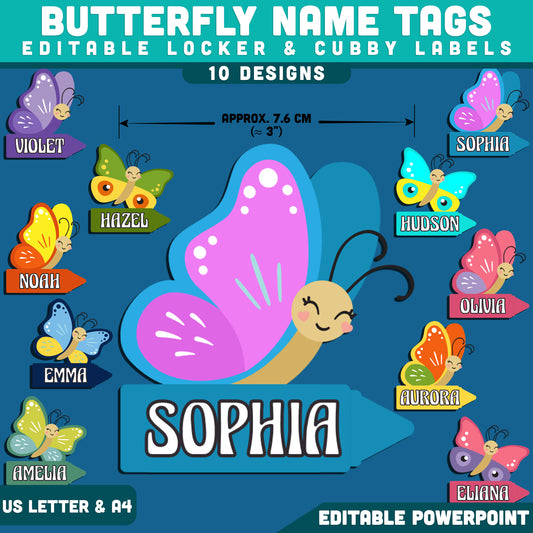 Butterfly Name Tags, Editable Locker & Cubby Labels, Bright Student Labels for Desks & Storage, PowerPoint Template, 10 Designs, US Letter, A4