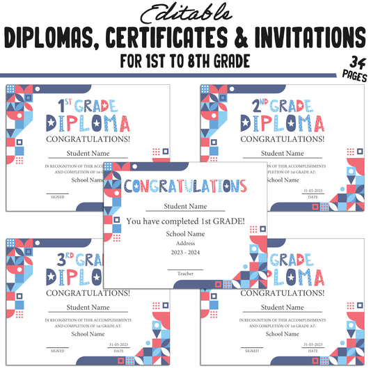 Editable Diplomas for 4th Grade, Certificates for 1st-8th Grade, and Invitation Templates in a Mosaic Theme - 34 Pages, PDF Instant Download