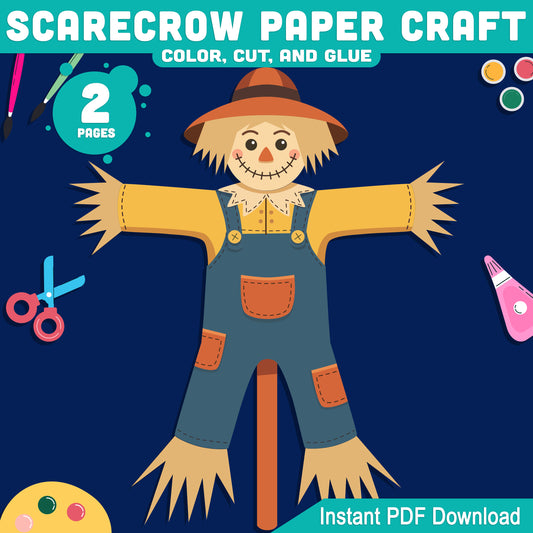 Scarecrow Paper Craft, Fall Color Cut and Paste Activity, Autumn Craft for Kids, Pre-Colored & Black and White, US Letter 8.5x11 & A4 Printable