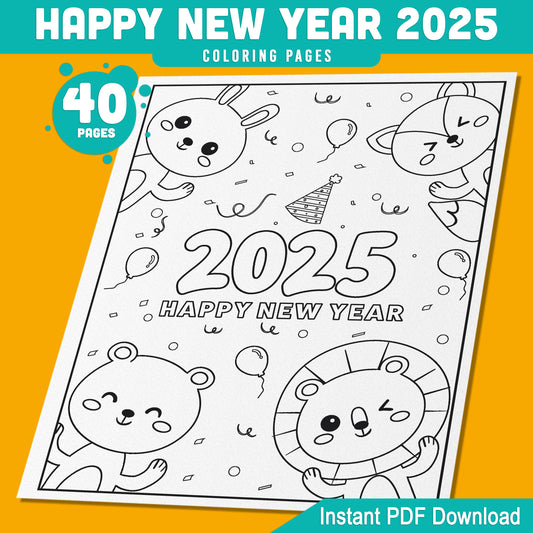 Kids' 2025 New Year Coloring Pages: 40 Funny Animal Prints for Holiday Fun, Creative Printable Activities, PDF Instant Download