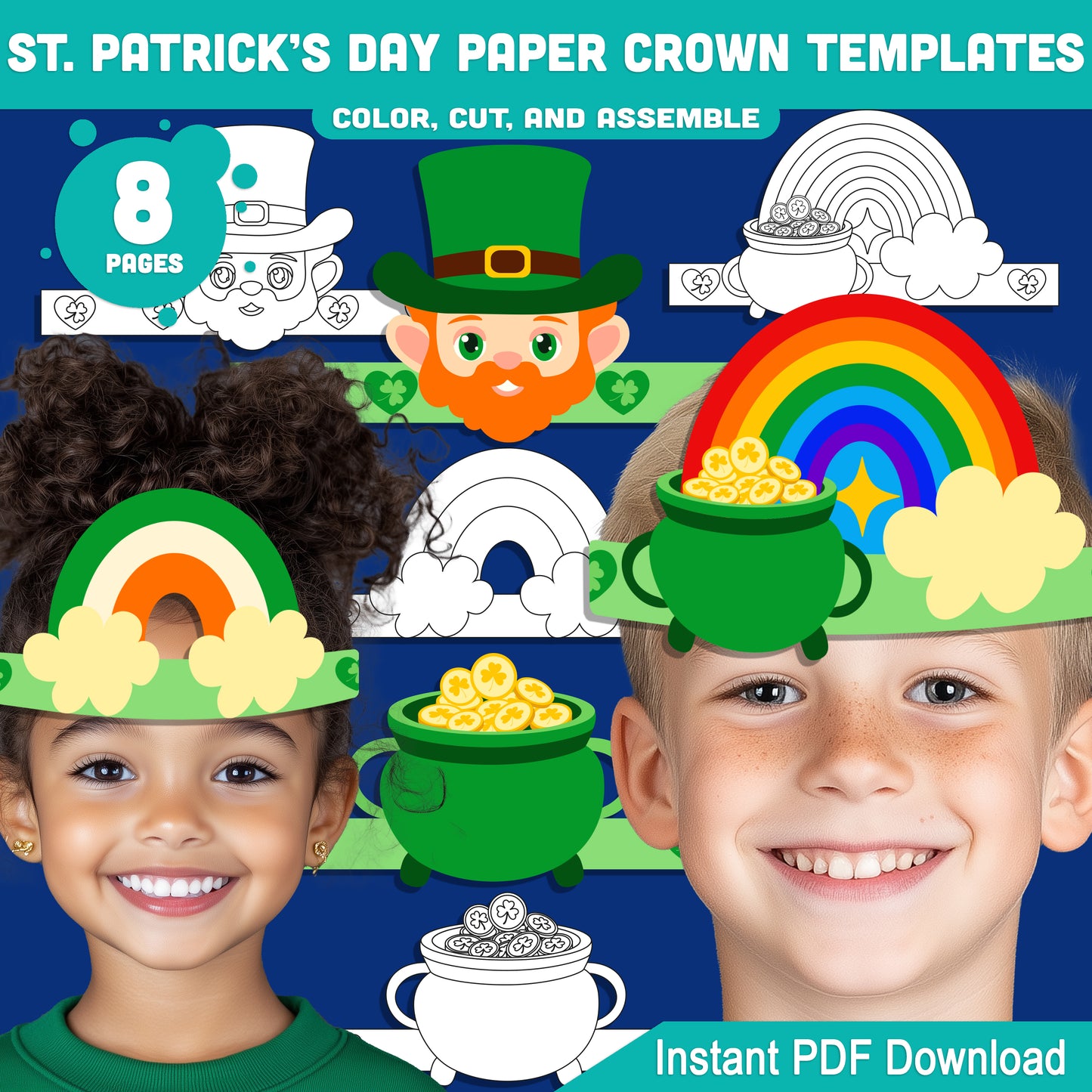 St. Patrick’s Day Paper Crown Templates – Wearable Craft for Kids, Lucky Shamrock Headband, Leprechaun Classroom Hat, Pre-color + Black & White