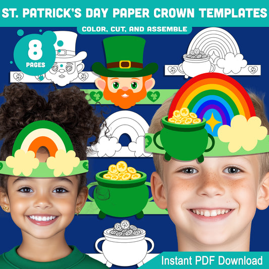 St. Patrick’s Day Paper Crown Templates – Wearable Craft for Kids, Lucky Shamrock Headband, Leprechaun Classroom Hat, Pre-color + Black & White