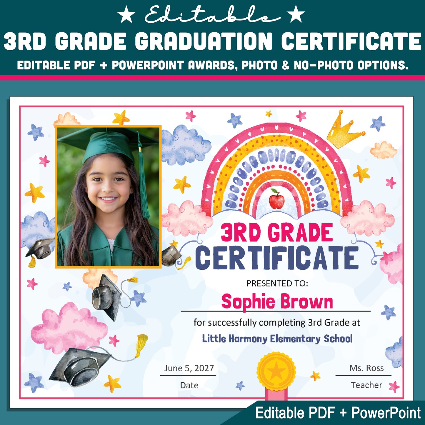 3rd Grade Completion Certificate, Third Grade Graduation Moving Up Awards, Editable Rainbow Star Theme, Photo and No Photo, PDF and PowerPoint
