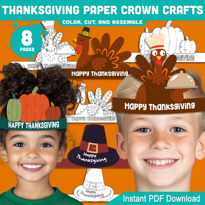 Printable Happy Thanksgiving Paper Crown Crafts, Fall Hat & Autumn Headband Activity for Kids, Party Paper Hat, 4 Designs, Pre-color + Black & White, PDF