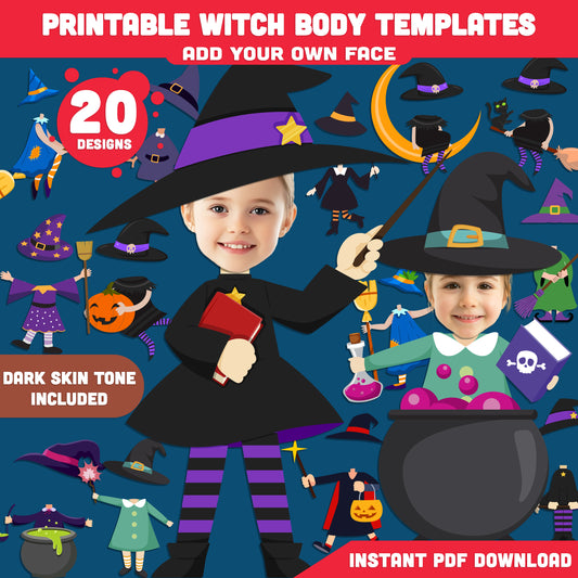 Printable Halloween Witch Body Templates for Kids, 20 Silly & Spooky Designs, Light + Dark Skin Included, DIY Face Cut & Paste Craft