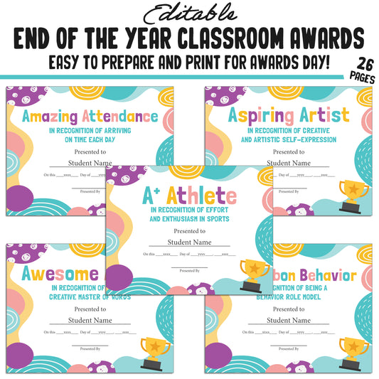 Editable and Fun End of Year Class Awards for Students, 26 Pages, PDF, Instant Download – Perfect for Classroom and Student Achievements