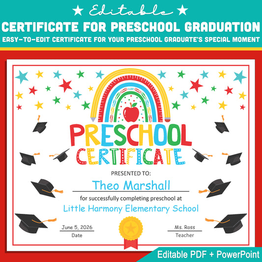 Customizable Preschool Graduation Diploma Template: Editable Certificate in Letter Size PDF + PowerPoint, Great for End of Year, Instant Download!