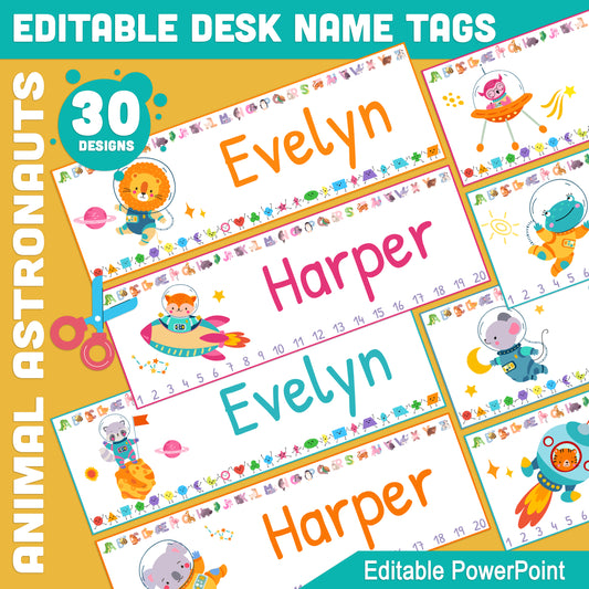 Editable Desk Name Tags for Students: Animal Astronauts, 30 Designs, 8.5"x11", 2/Page, Size 10"x3.25", Includes Alphabet Shapes Numbers 1-20