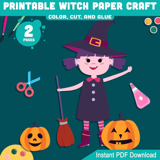 Printable Witch Paper Crafts for Halloween, Fun Kids Craft for Preschool Pre-K Kindergarten, Fall Bulletin Board, Color Cut and Glue Activity PDF