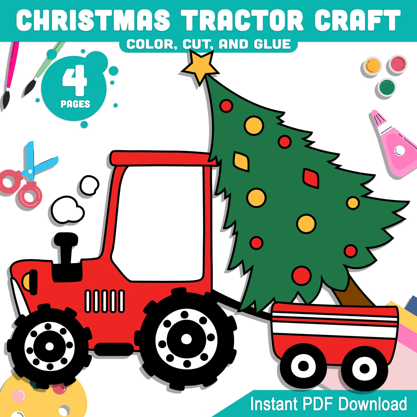 Creative Christmas Tractor with Tree Template: Kids' Holiday Craft Activity for Winter Bulletin Boards & Gifts, 4 Pages, Instant PDF Download.