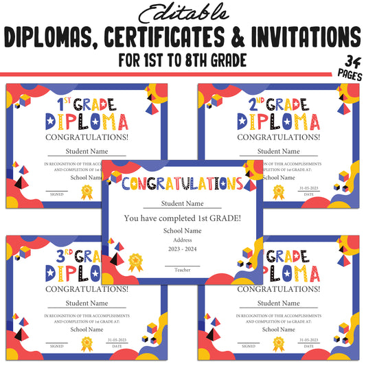 Personalized 1st, Second - 8th Grade Diploma, Graduation Certificates and Invitation Templates in a Flat Modern Theme - PDF Instant Download