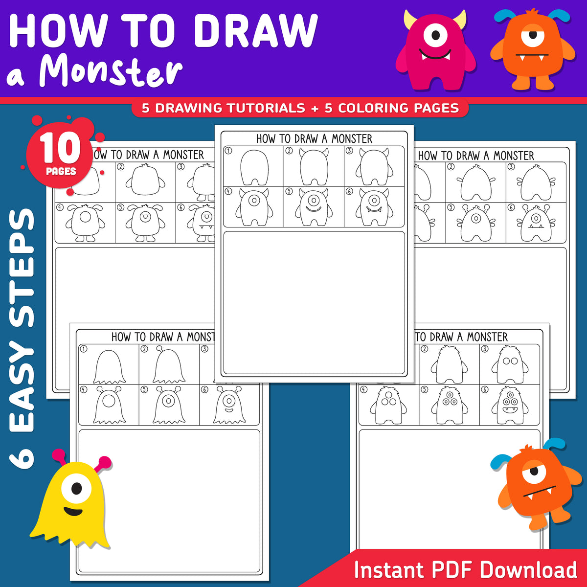 How to Draw a Monster, Halloween Directed Drawing, Easy October Art Lesson for Kids, 6 Step Tutorial, Drawing Practice, Coloring Pages, PDF Printable