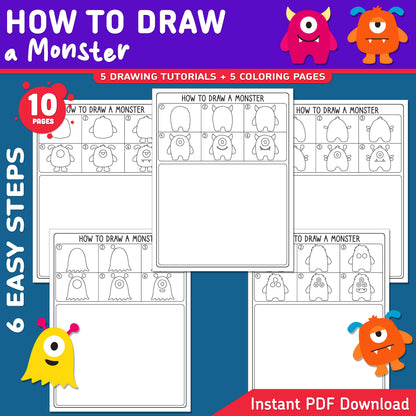 How to Draw a Monster, Halloween Directed Drawing, Easy October Art Lesson for Kids, 6 Step Tutorial, Drawing Practice, Coloring Pages, PDF Printable
