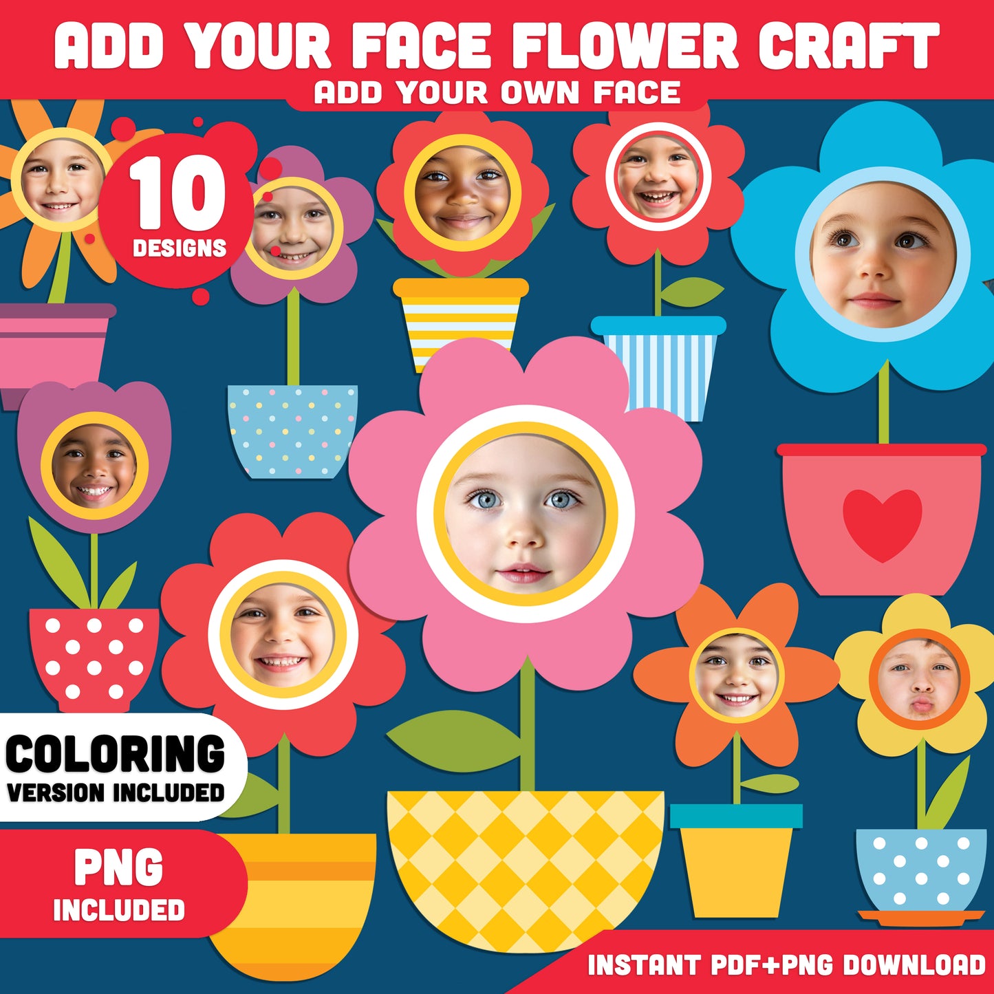 Spring Flower Add Your Face Craft, Printable Flower Body Templates, Photo Insert Craft Activity, 10 Designs, Coloring Version Included, Spring Bulletin Board
