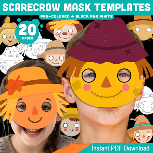 Scarecrow Mask Templates for Kids: 10 Printable Designs, 20 Pages, Pre-Colored + Black and White, Great for Classroom or Home Crafts, PDF Download