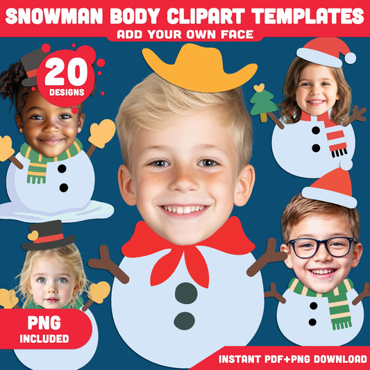 Snowman Face Insert – Add Your Face Snowman Crafts, 20 Printable Designs, High-Resolution PDF + PNG Files for Winter Projects, Christmas Activities, and School Displays