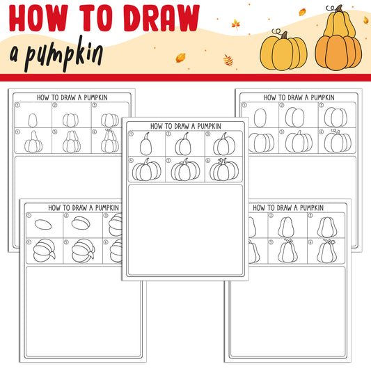 Learn How to Draw a Pumpkin: Directed Drawing Step by Step Tutorial, Includes 5 Coloring Pages, PDF File, Instant Download.