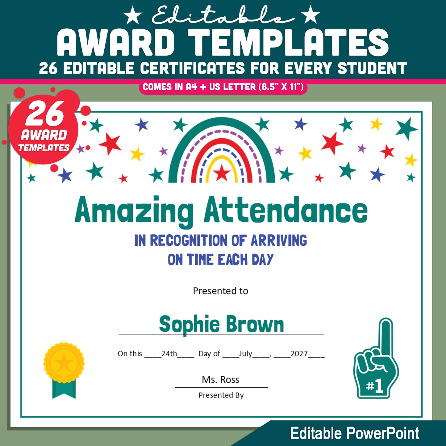 Custom Award Templates, Editable Student Certificates, 26 Printable Classroom Honors, PowerPoint Templates, Rainbow and Star Themed