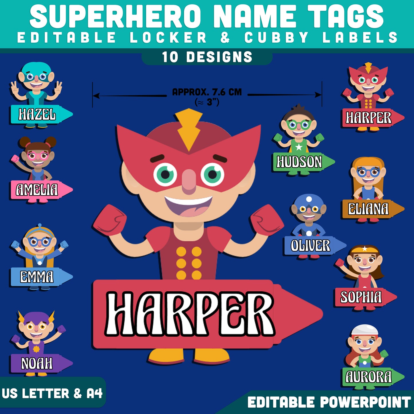 Superhero Labels Name Tags, Editable Locker & Cubby Labels, Brave & Bright Classroom Theme, PowerPoint Template, 10 Designs, US Letter, A4