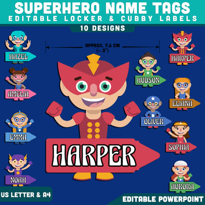 Superhero Labels Name Tags, Editable Locker & Cubby Labels, Brave & Bright Classroom Theme, PowerPoint Template, 10 Designs, US Letter, A4