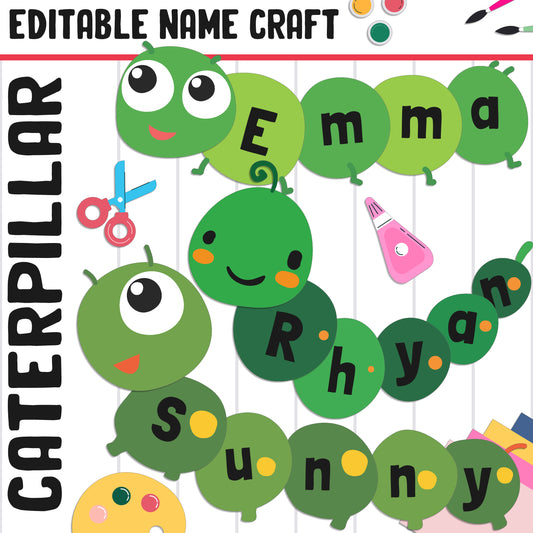 Caterpillar Name Craft Activity: Back to School Bulletin Board, 20 Pages, 5 Designs, Blank & Editable, Color and Black-and-White Versions