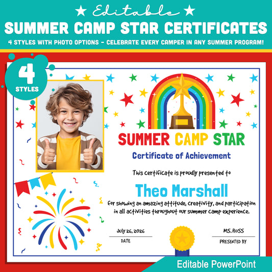 Summer Achievement Certificates – 4 Custom Templates for Kids, Add Photo, PowerPoint Editable, Great for Summer Camp Star Recognition