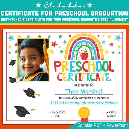 Customizable Preschool Graduation Diploma with Photo: Editable Letter Size Certificate Template PDF + PowerPoint, Perfect for End of Year Celebrations!